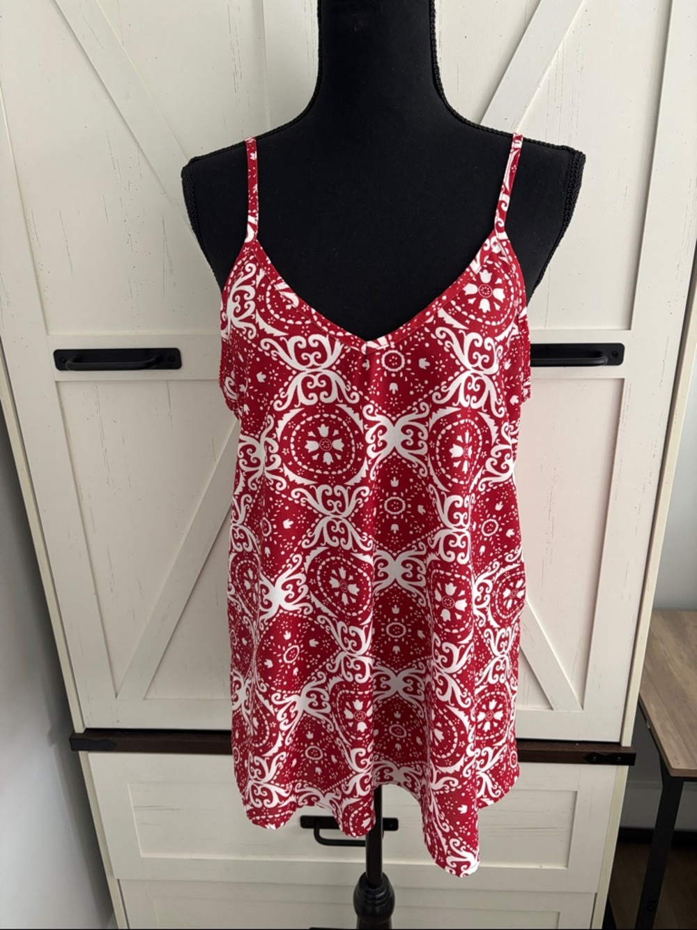 Red and White Printed Spaghetti Strap Cami